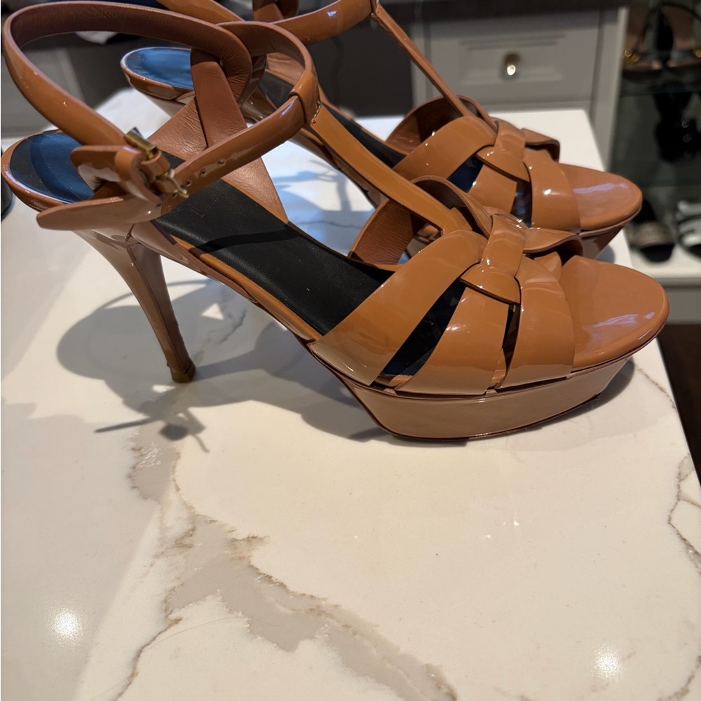 Yves Saint Laurent Tan Patent Leather Platform Heels